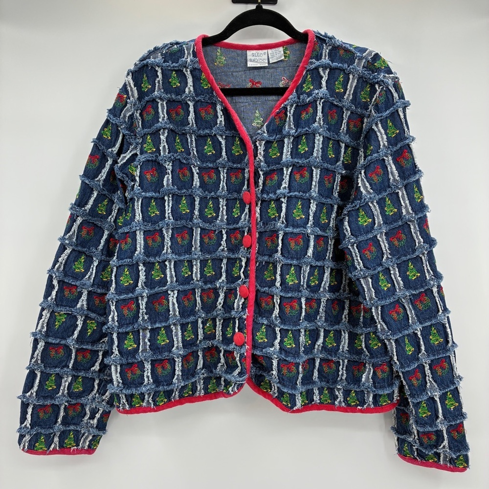 Denim Jean Women’s Ugly Christmas Tree Wreath Jacket Vintage 90s Bleu Bayoo XL